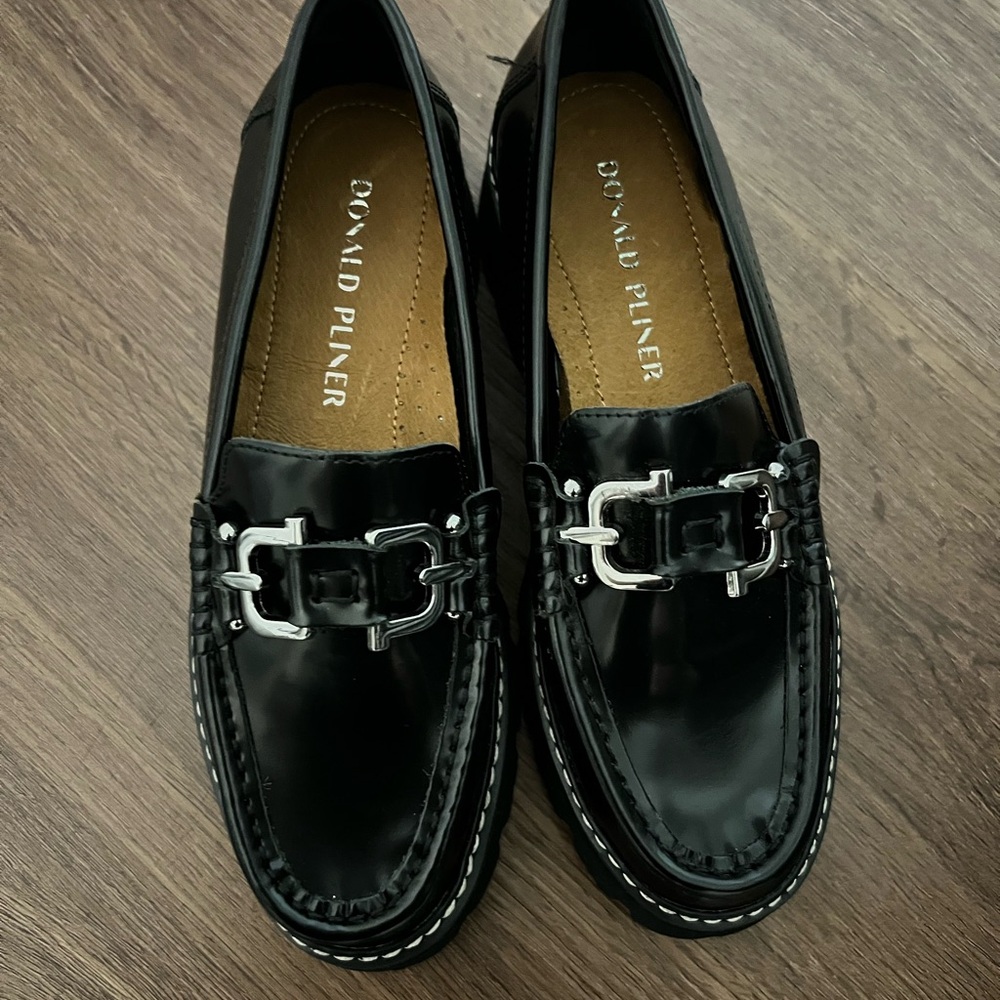 Donald J. Pliner Shiny Black Loafers with Silver Buckle